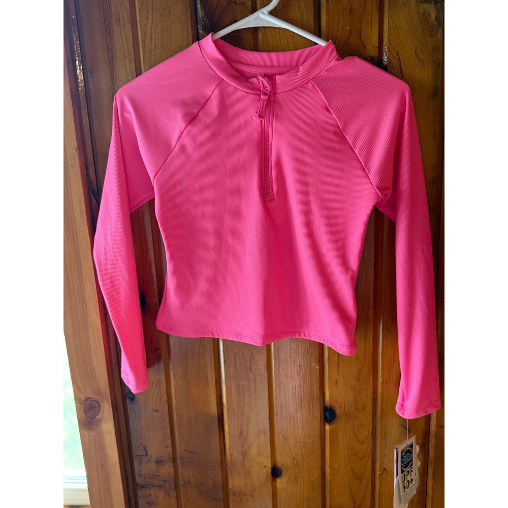 Andy & Evan Girls‎ Hot Pink Ribbed Rash Guard Long Sleeve Swim Top Size M  UPF50